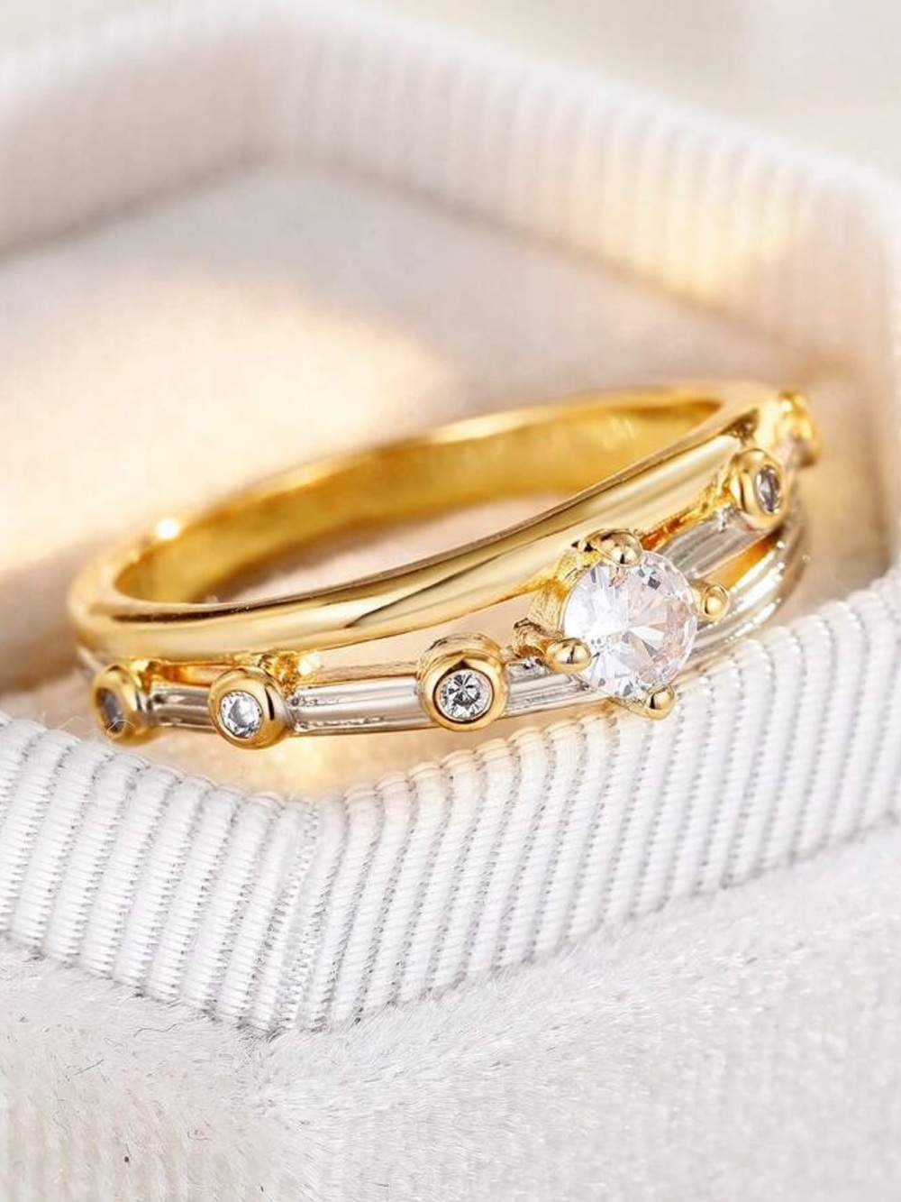 Two Tone Cubic Zirconia Ring Gold & Silver Minimalist Jewelry